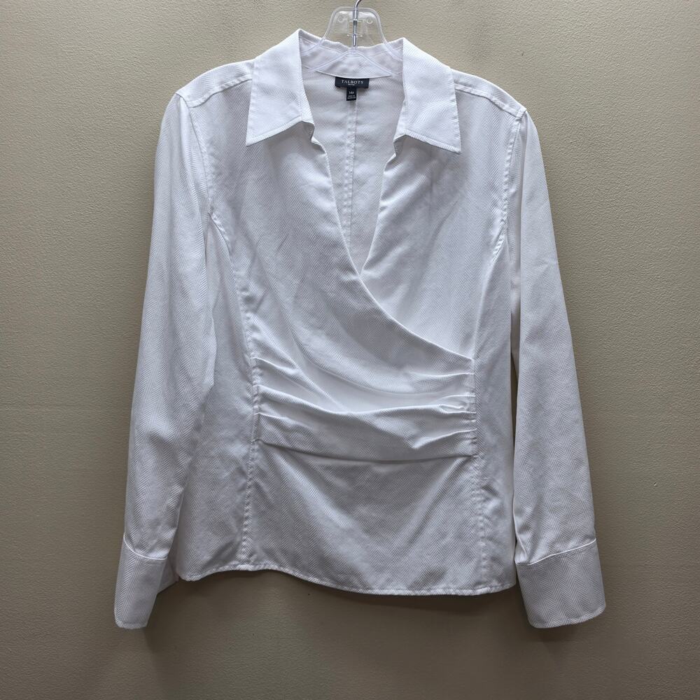 Talbots Faux Wrap Blouse SZ 14P Long Sleeve Collared Clean Girl Classic White
